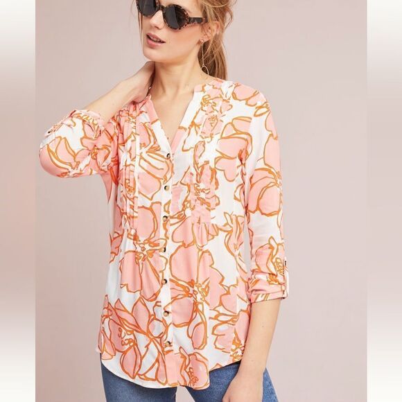 Maeve By Anthropologie Pintucked Floral Long Sleeve Button Down Shirt Size S - Picture 3 of 11